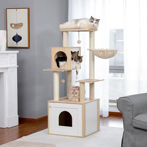 Contemporary Cat Tower with Wooden Litter Box Enclosure