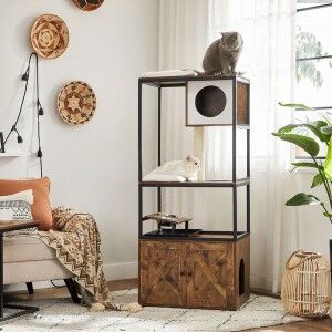 Modern Cat Tree Tower with Litter Box Enclosure and Two Food Bowls